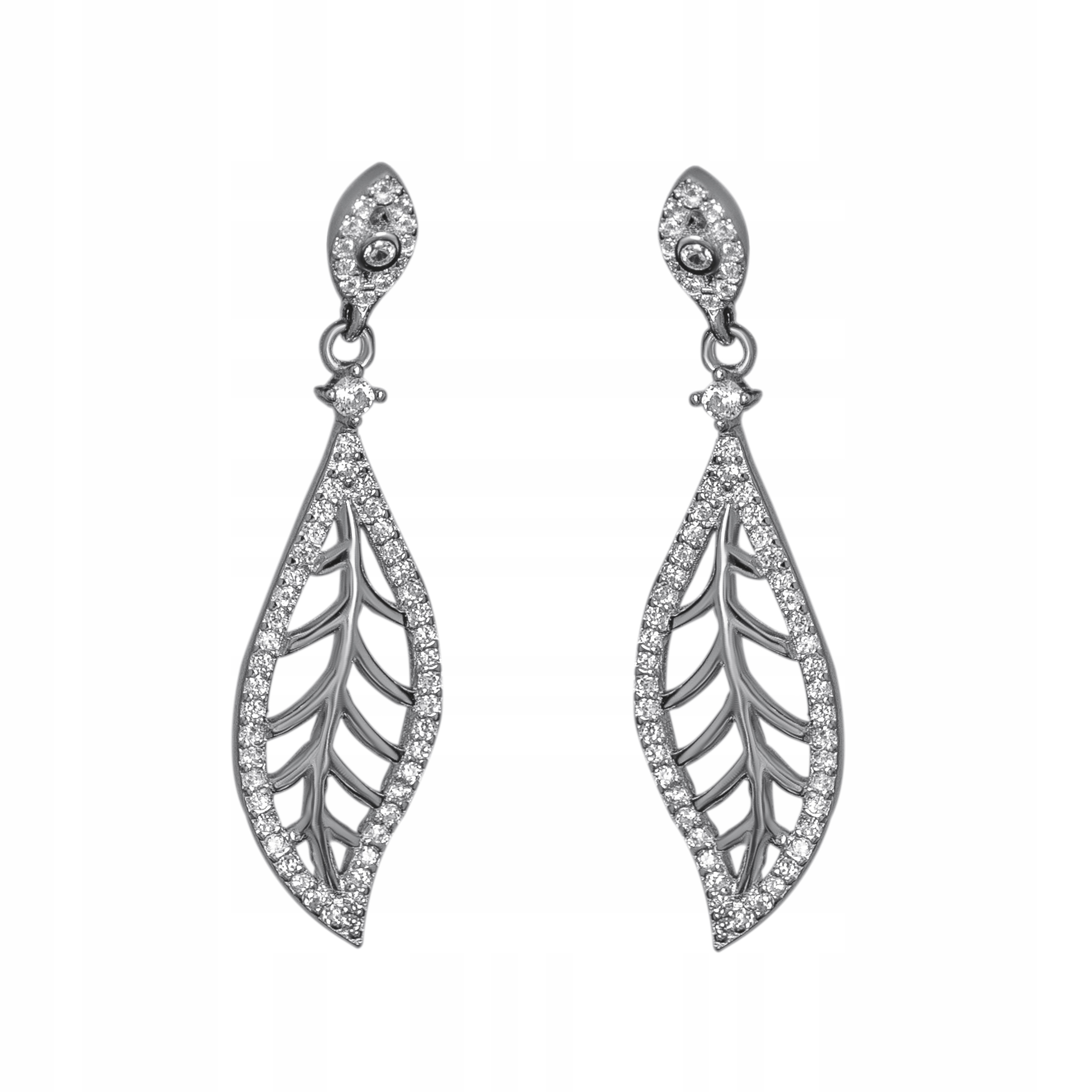 Stříbrné Náušnice Ag 925 Závěsné Ažurové Lístky Se Zirkony Tyčinky Dárek