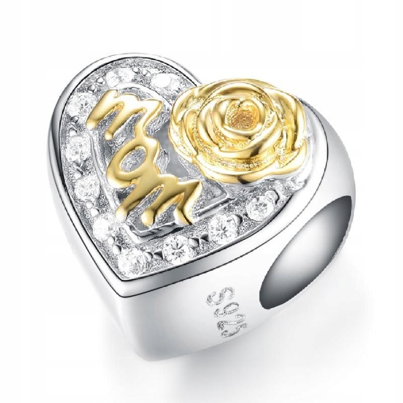 Přívěsek Bead 3mm Stříbro 925 pozlacený Zirkony Srdce 'mom' Růže jako dárek