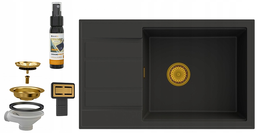 Louis Granitový Jednokomorový Drez S Odkvapkávačom, Zlatý Sifón