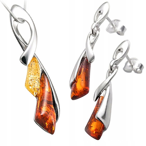 Stříbrný Komplet z baltského Jantaru ze Stříbra jako dárek Náušnice Přívěsek