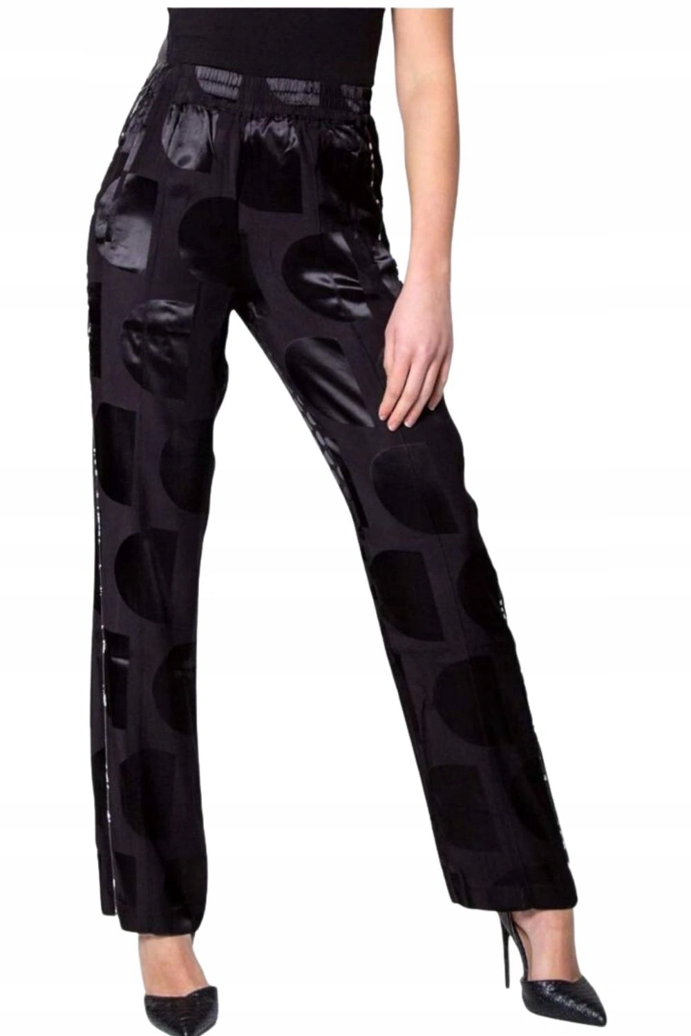 Dámské kalhoty Desigual saténové černé s leskem s puntíky vel.