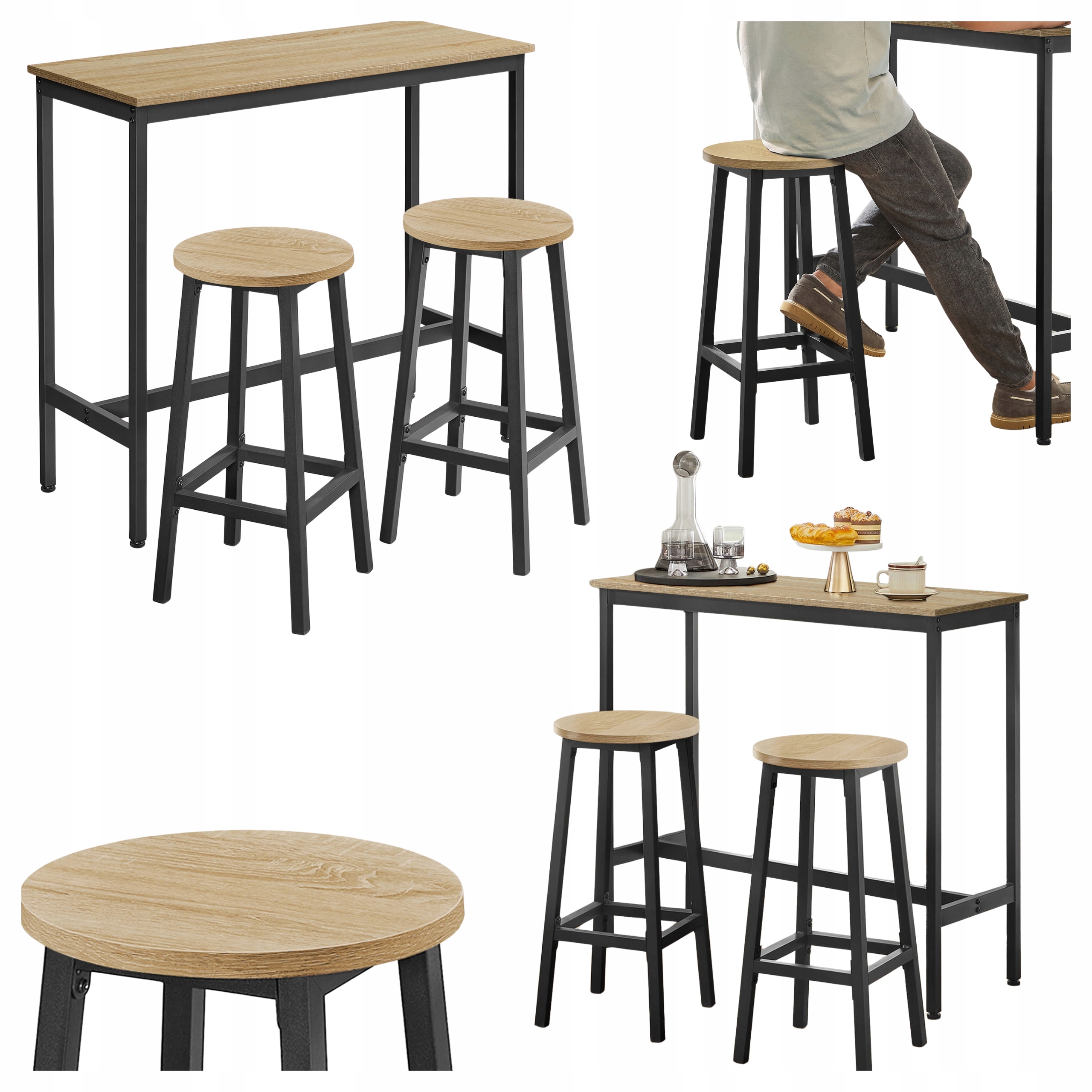 Barový stůl 2 stoličky Barový set Kuchyňský ostrůvek s rohlíky Dub Sonoma