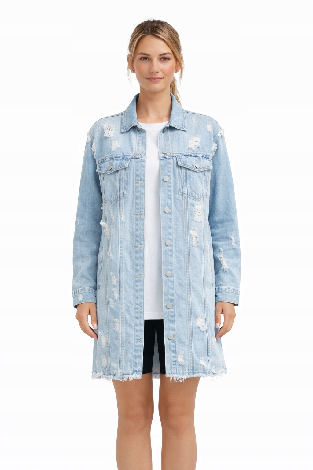 Dlouhá Džínová Bunda S Oděrkami A Knoflíky S I4A