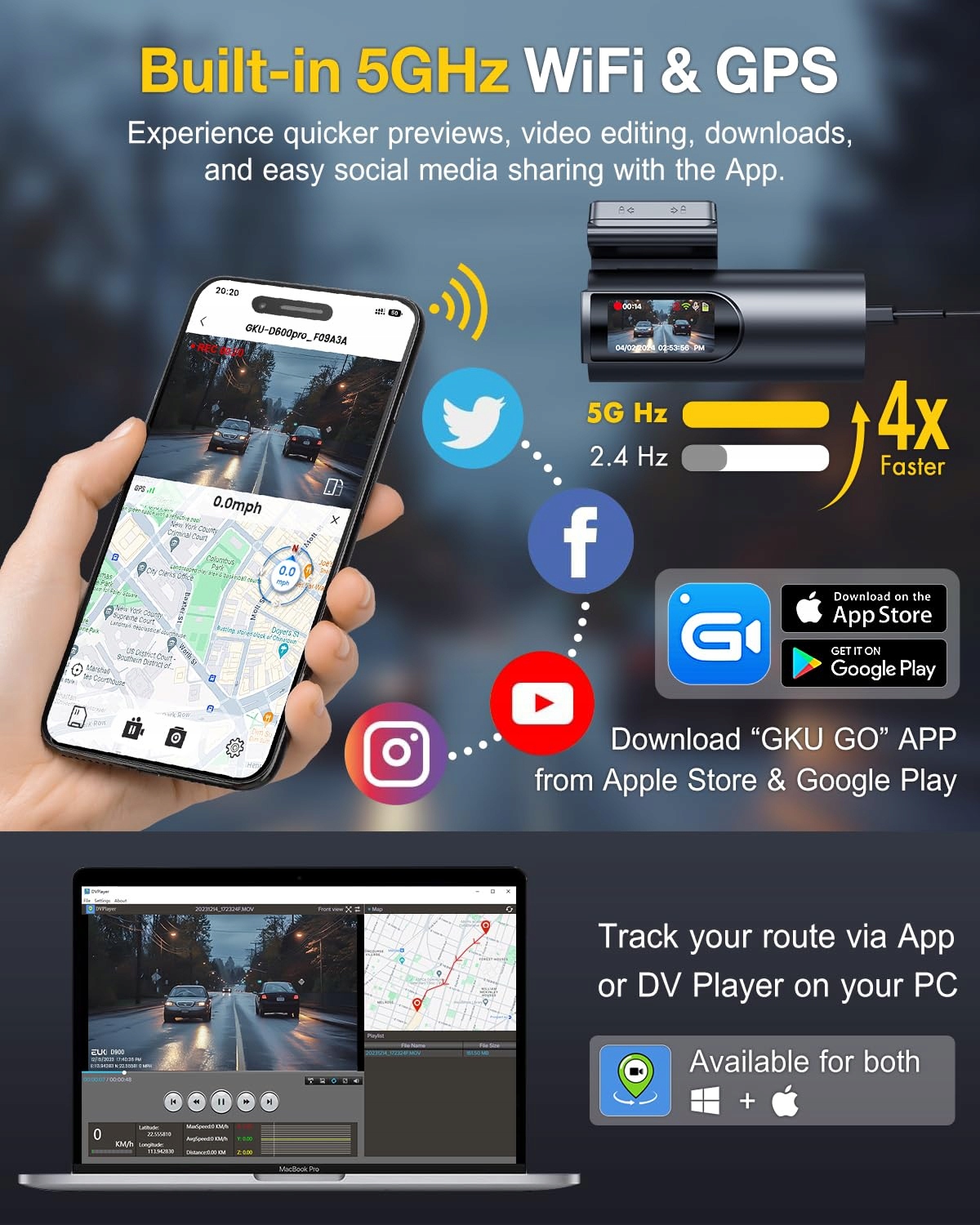 GKU Kamera Samochodowa 4K Przód Tył WiFi GPS 64GB Super Nocny Widok — miniatura 3