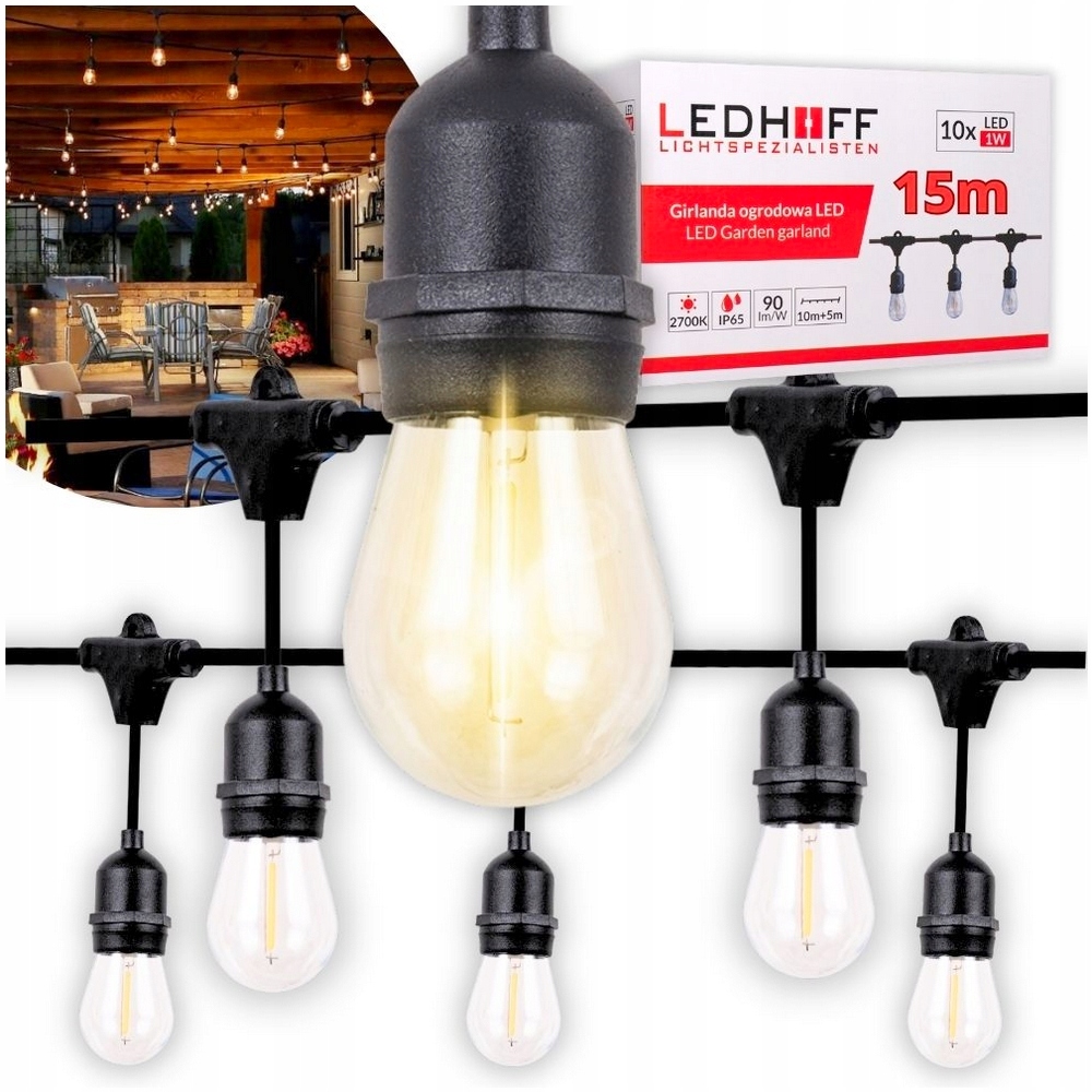 Girlanda świetlna LED Oświetlenie ogrodowe Lampki 10x żarówka 15m na taras