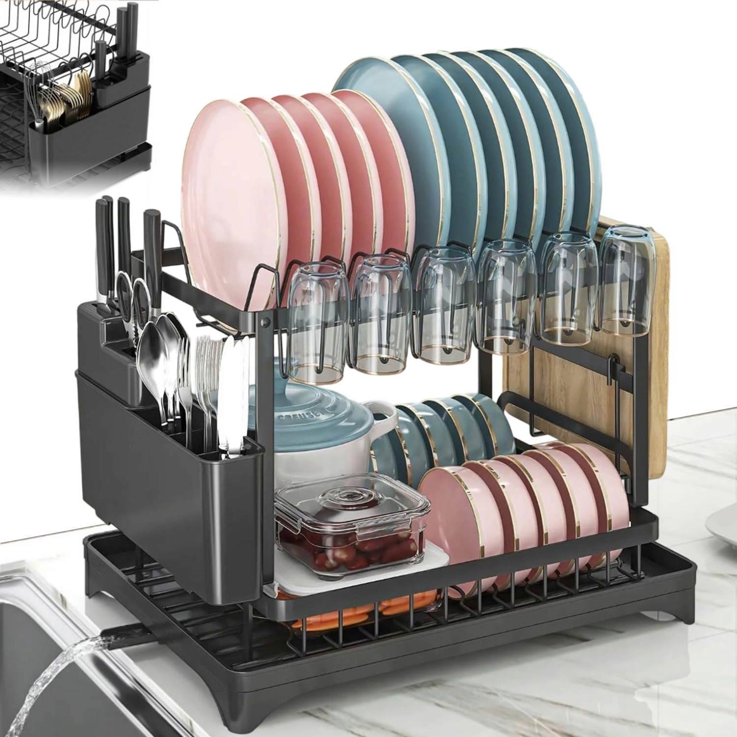 Levně Odkapávač Na Nádobí Odkapávač Na Talíře Velká XXL Dvouúrovňová 42x32x30 Černá