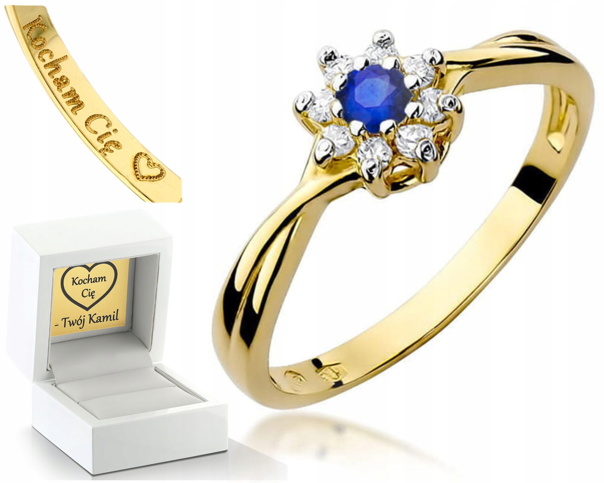 Zlatý Prstýnek Safírového Briliantu Gravírování Bonus
