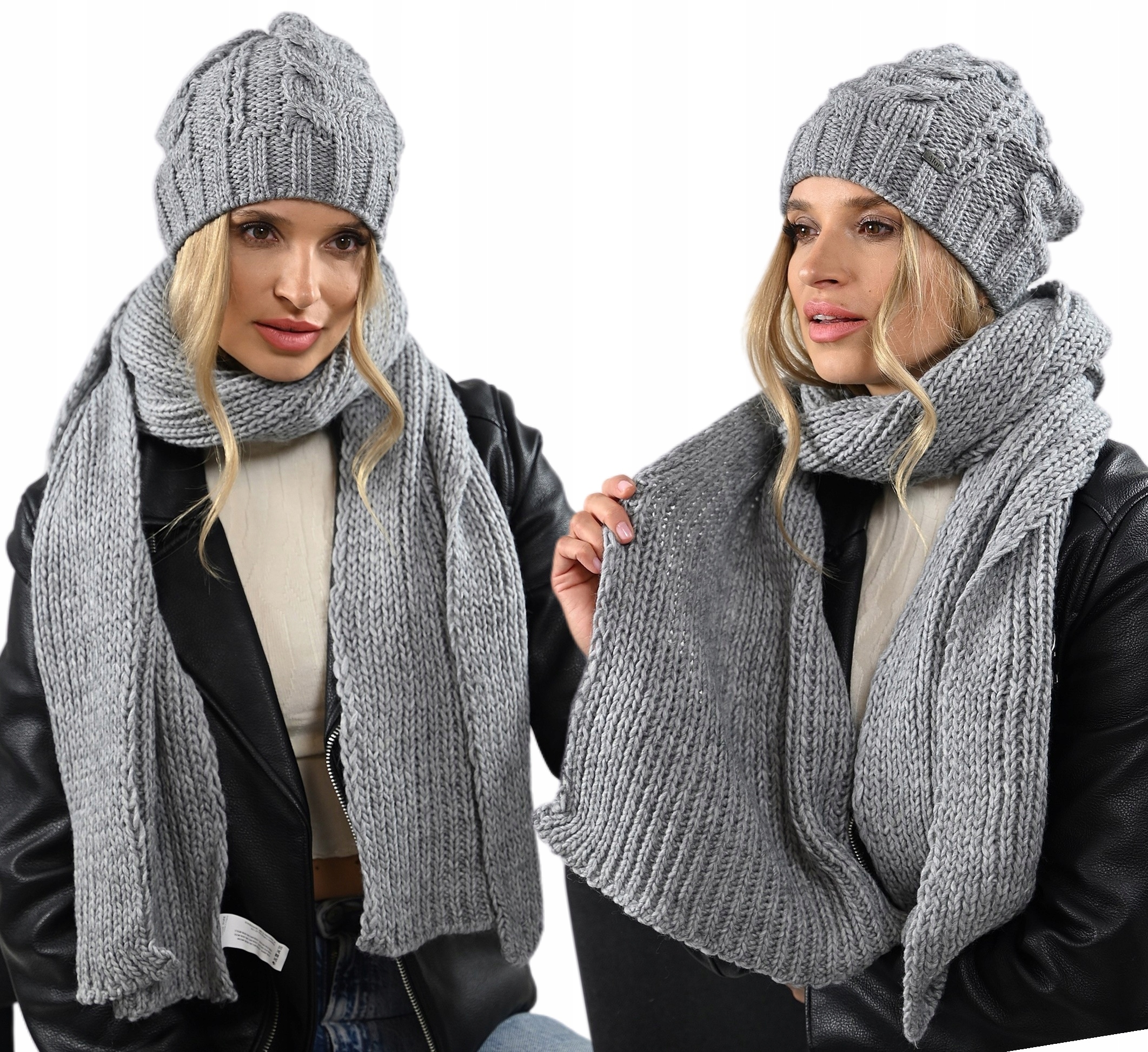 Šedý teplý dámský komplet Čepice Šátek zimní set polský výrobek