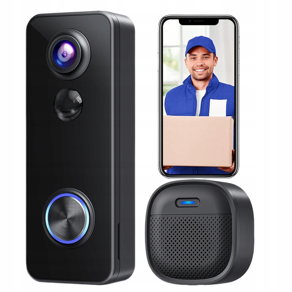 Bezdrátový černý zvonek a kamera na dveře, venkovní kamera
