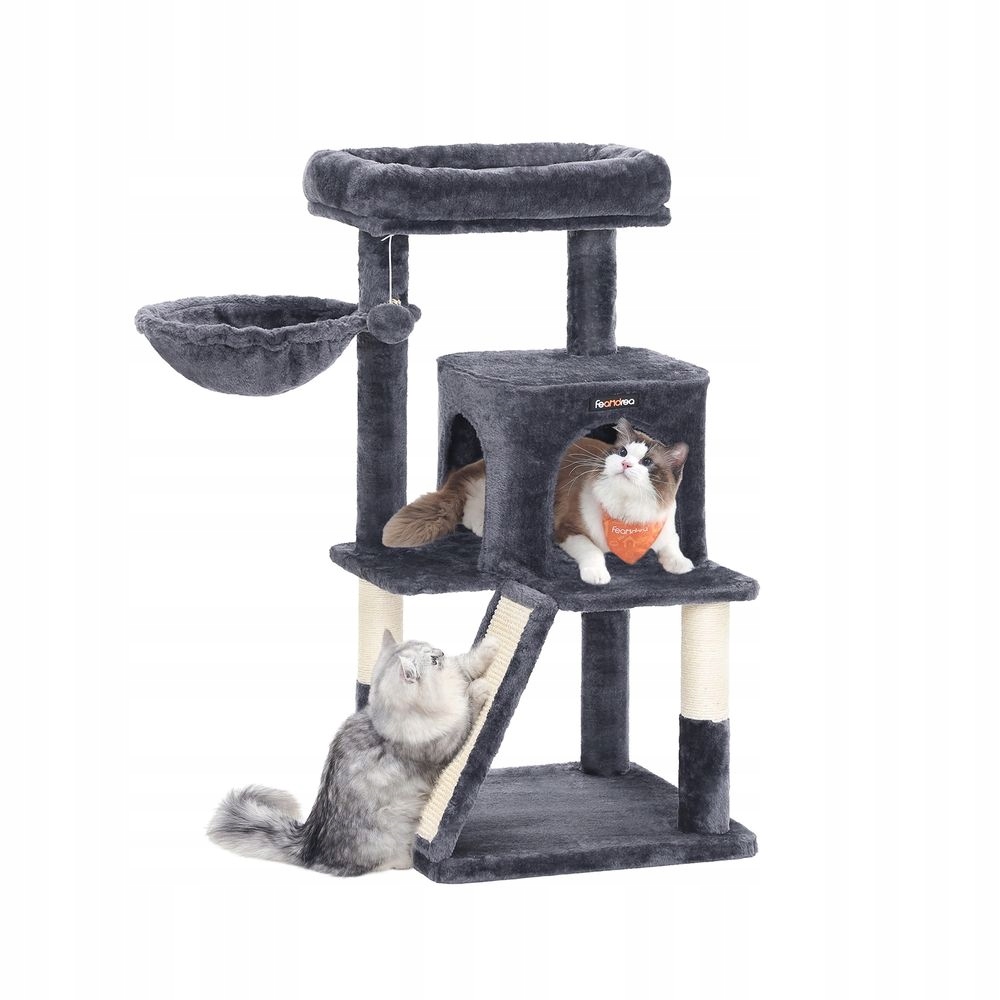 Levně Škrabadlo pro velké kočky 96 cm s rampou 2v1 a houpací sítí, kouřově šedé Feandrea