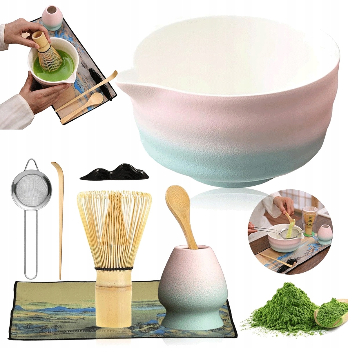 Růžovo-gradientní sada matcha s bambusovou metličkou a ručníkem