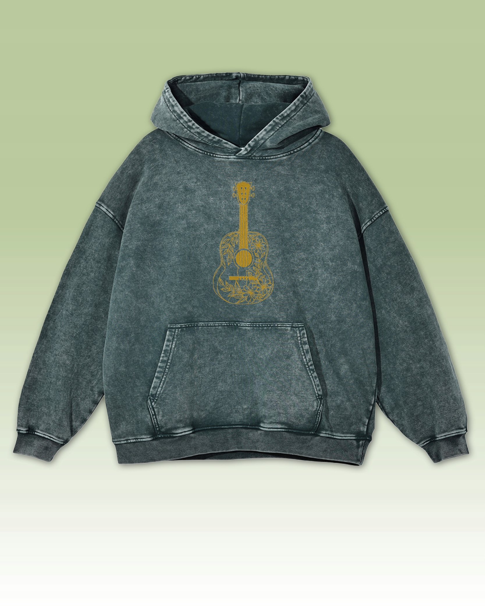Mikina Výšivka Kytary Oversize Praná Hudba Vyšívaná Kytara Zelená XL