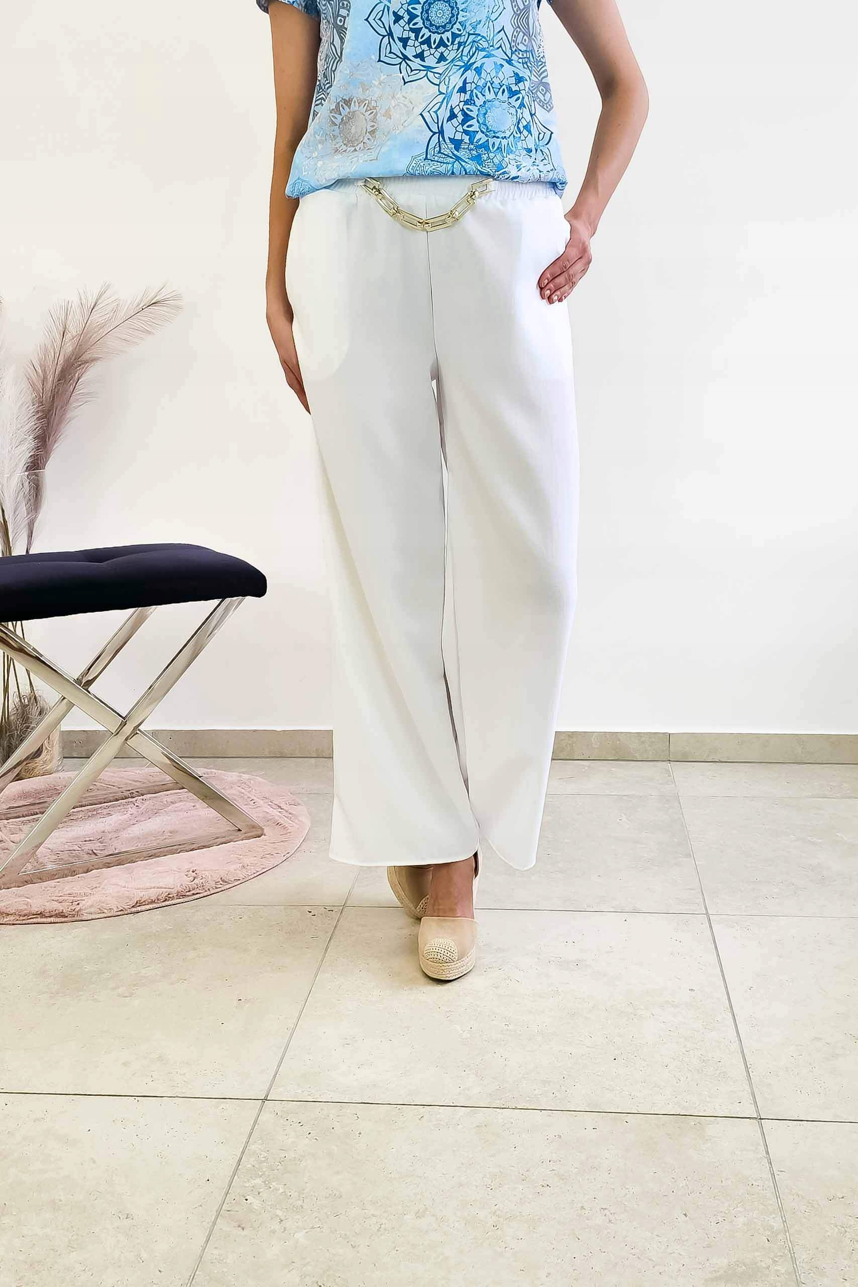 Bílé dámské kalhoty s širokou nohavicí a ozdobným řetízkem, velikost S