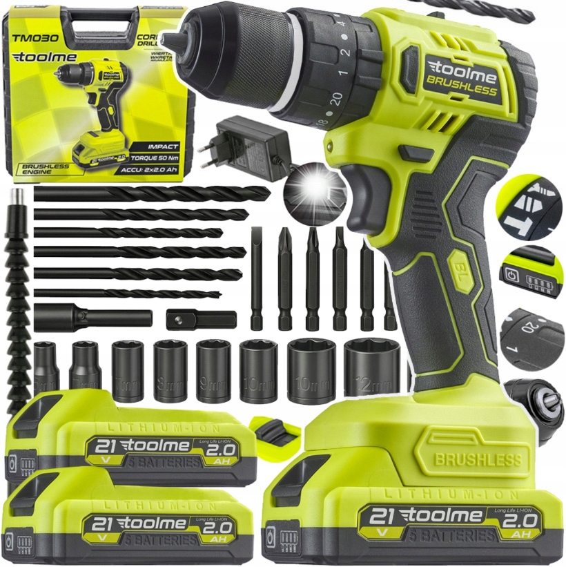 Wiertarko wkrętarka Udarowa Bez szczotkowa aku 2x21V Li-ion toolme TM030