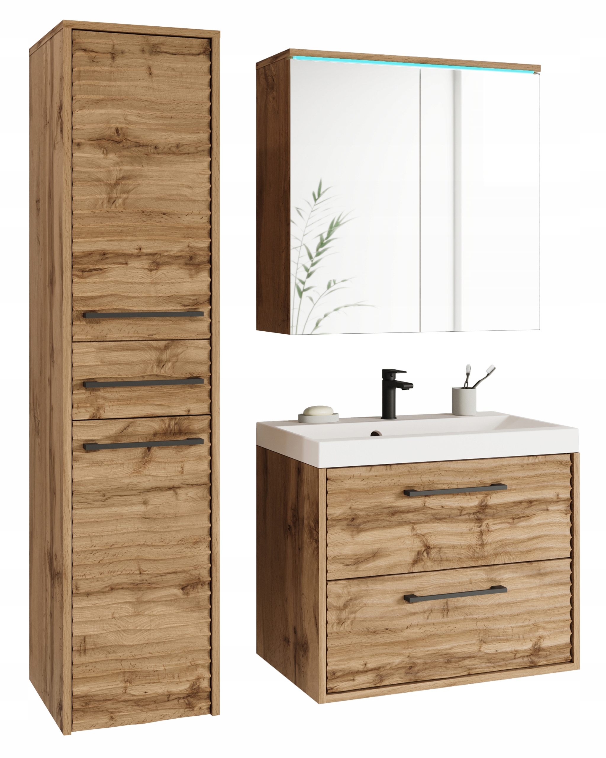 Závěsná koupelnová sestava s umyvadlem, zrcadlem, skříňkou a Mdf dvířky v dekoru wotan s Led osvětlením