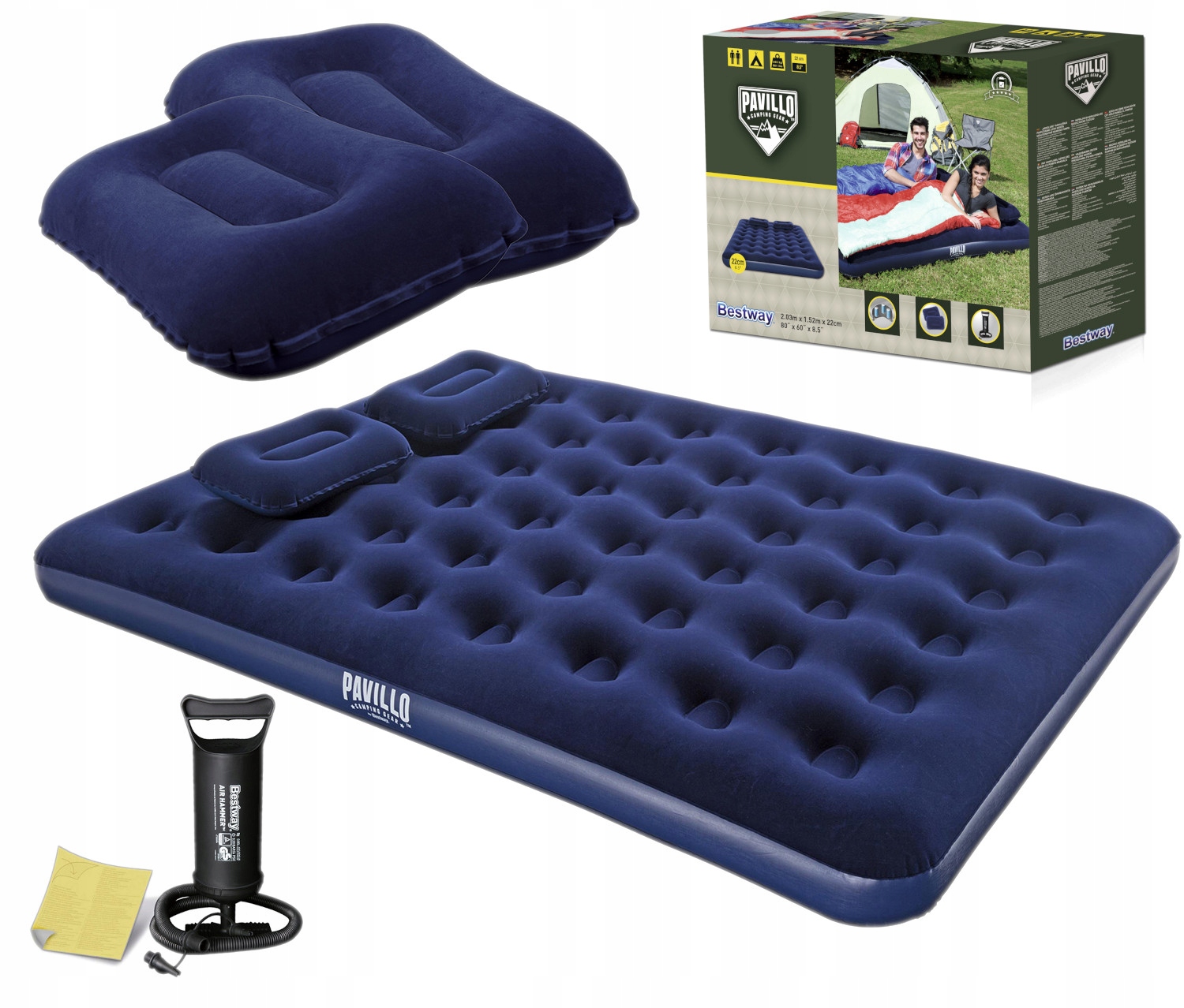 PRZENOŚNY MATERAC DMUCHANY DWUOSOBOWY DO SPANIA +2 PODUSZKI +POMPKA Bestway Grubość 22 cm