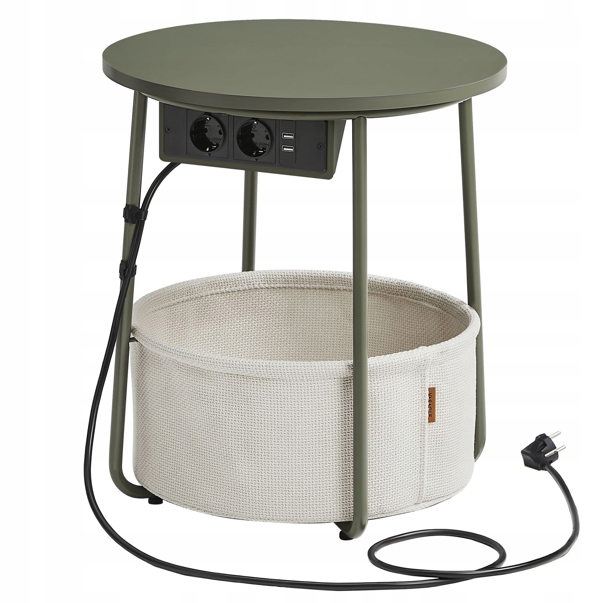 Olivová okrúhla lavica konferenčný stolík s novinovým stolíkom a napájacou lištou loft