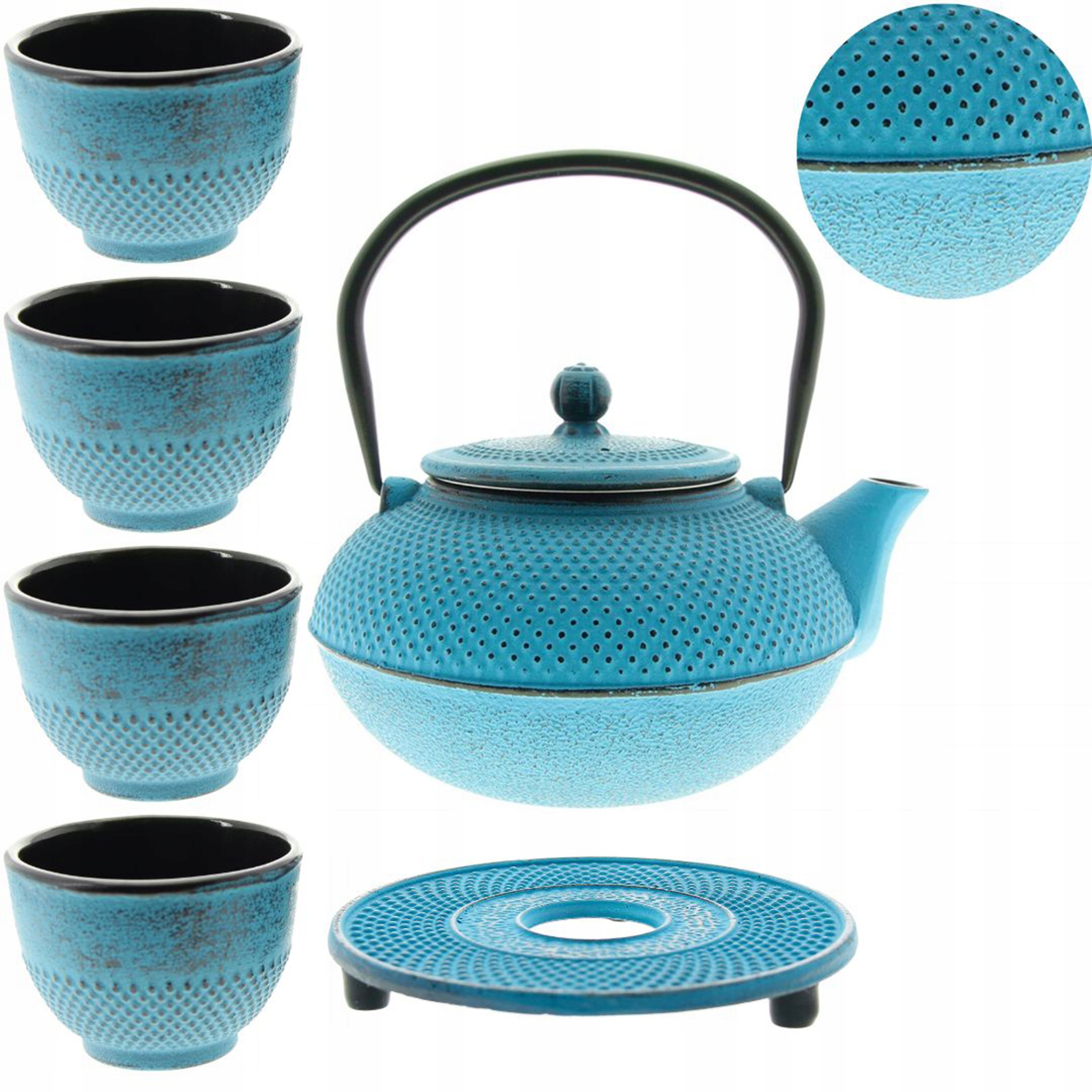 Liatinová Kanvica 1,5L Čajník 4x Šálky Podložka Zaparka Na Čaj Sitko