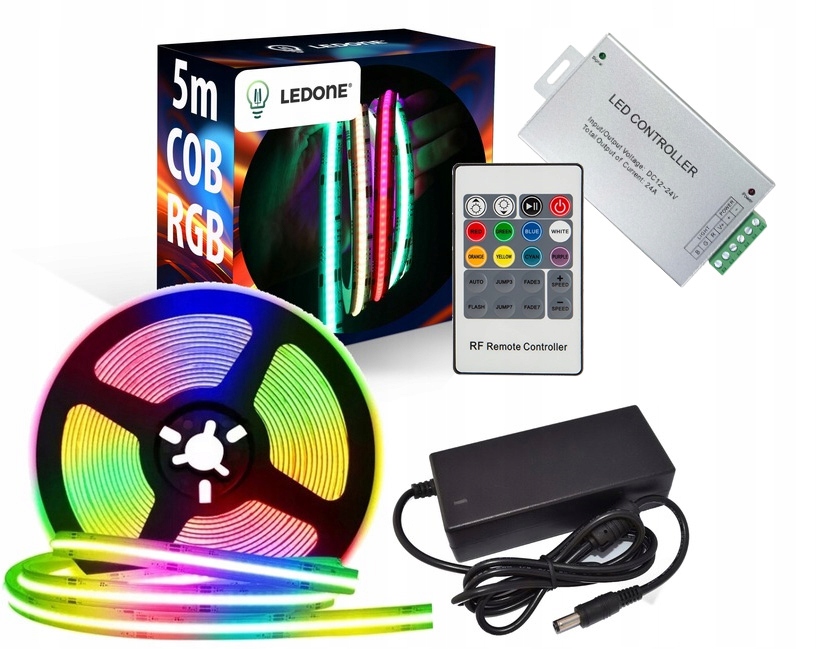 Set 5 m Led pásek 12V Rgb Cob 70W Dálkový Ovladač Rf 20 Napájecí adaptér