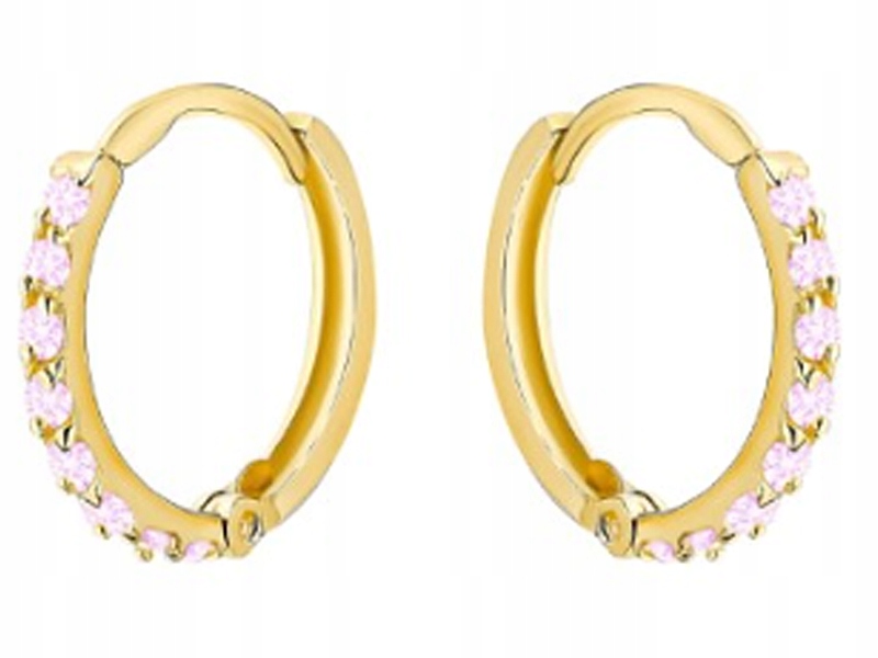 Zlaté náušnice 585 kroužky s růžovými zirkony, módní vzor jako dárek