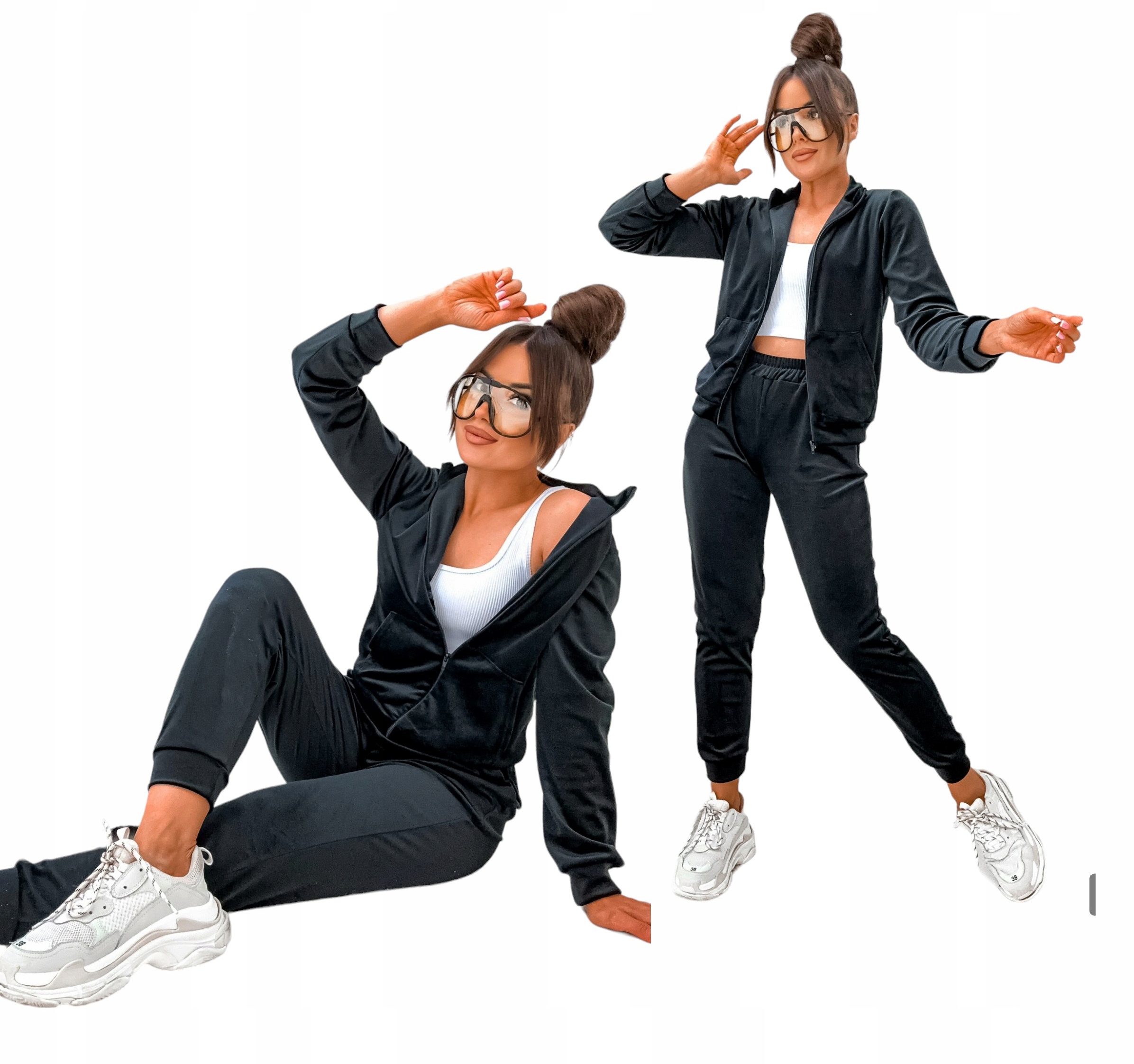 Dres Welurowy Damski Komplet Rozpinany Czarny Bluza Spodnie Modny L/XL