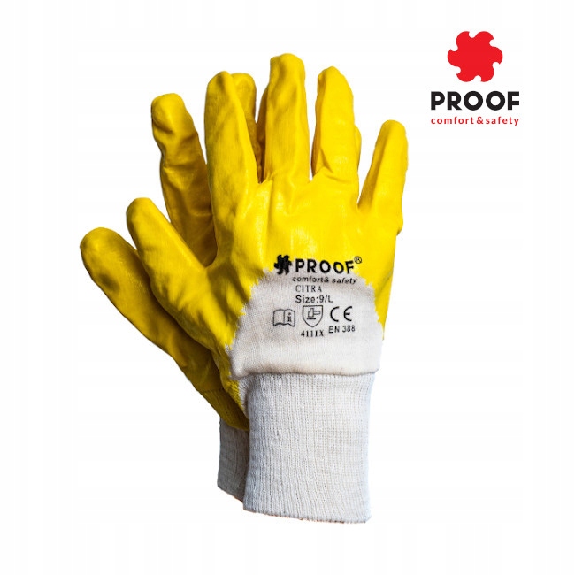 RĘKAWICE ROBOCZE OCHRONNE ŻÓŁTE POWLEKANE NITRYLEM PROOF CITRA ROZ. 9-12PAR Rozmiar 9 - L