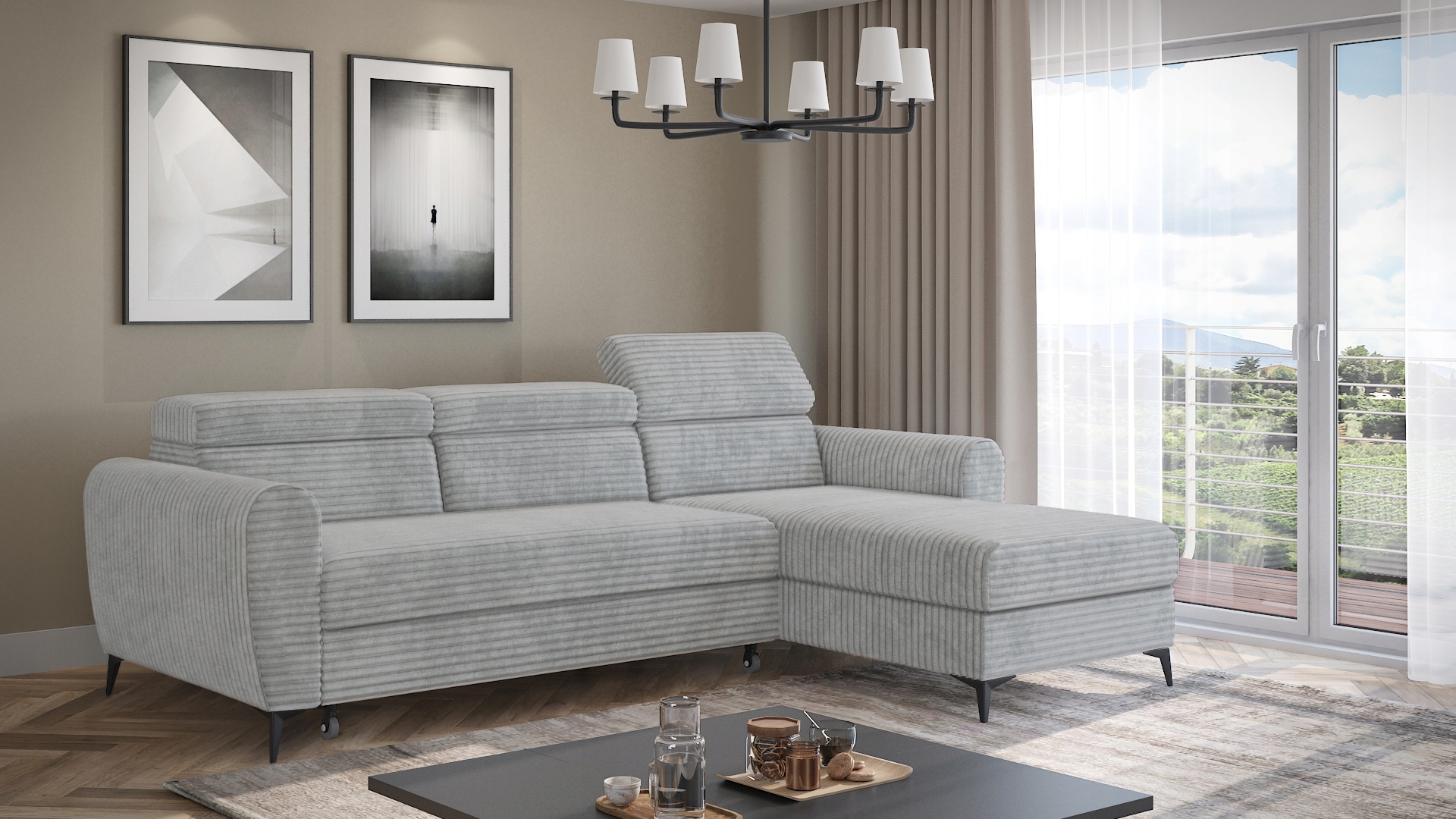 Šedý rohová sedací souprava v módním silném sametu pro každodenní spaní