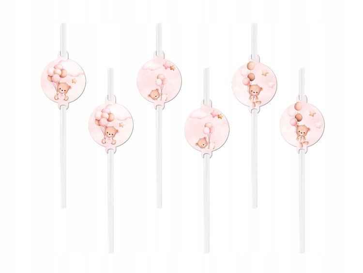 SŁOMKI PAPIEROWE RÓŻOWE MIŚ Z BALONAMI ROCZEK BABY SHOWER 6 SZT