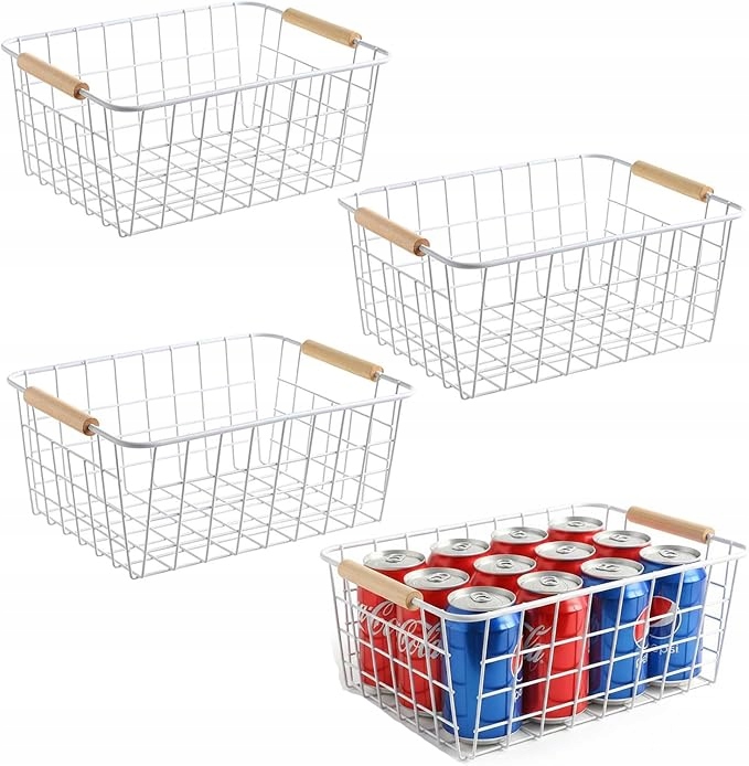 4x Kosze metalowe organizery z uchwytami białe spiżarnia kuchnia Premium