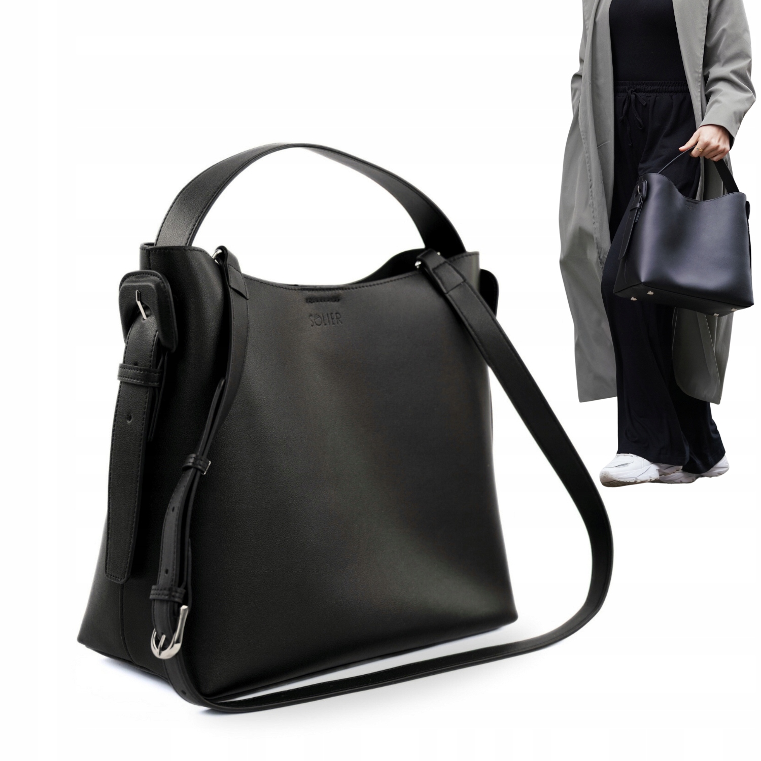 Dámská kožená taška černá Solier kabelka přes rameno shopper dárek