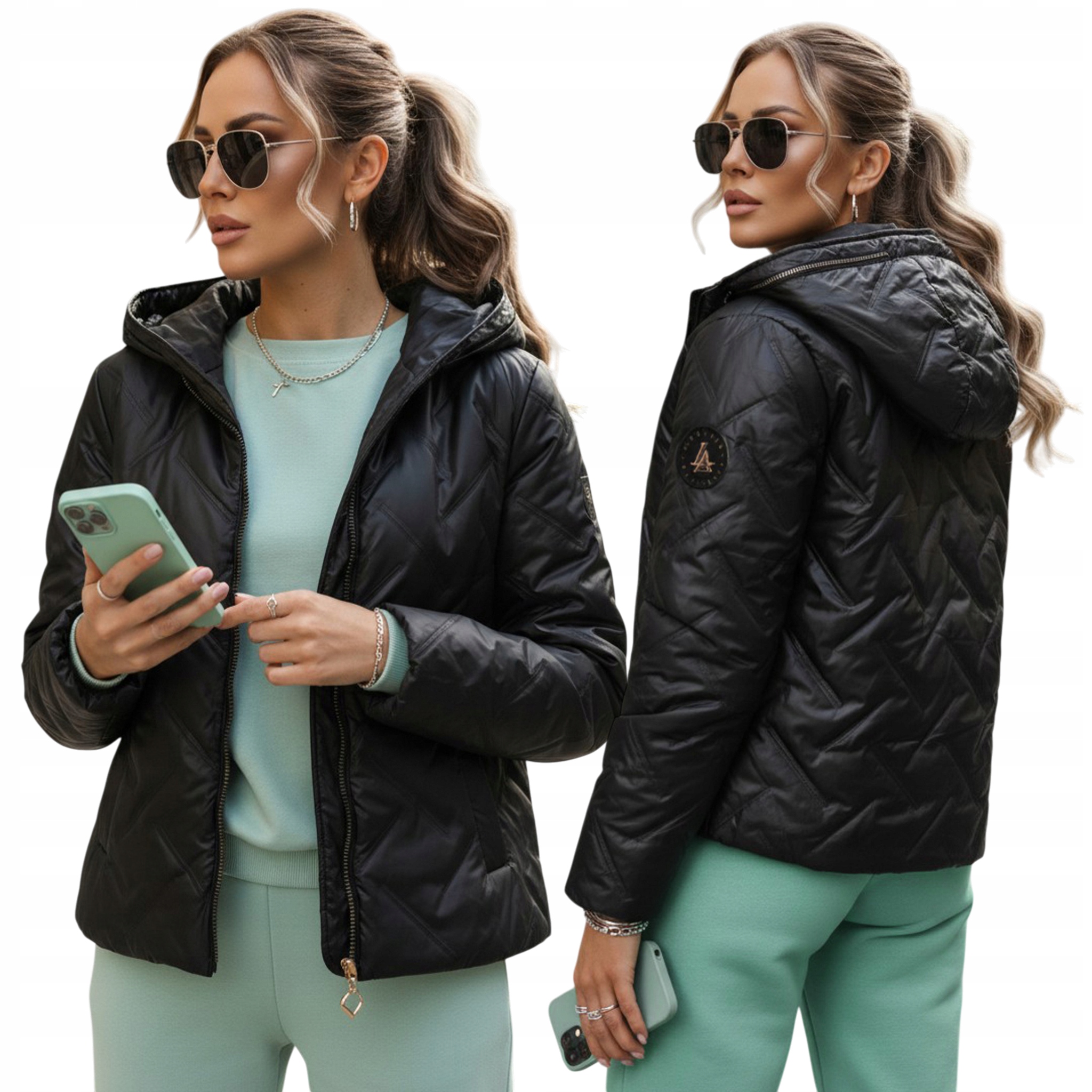 Kurtka damska przejściowa pikowana z kapturem czarna TY5551 S