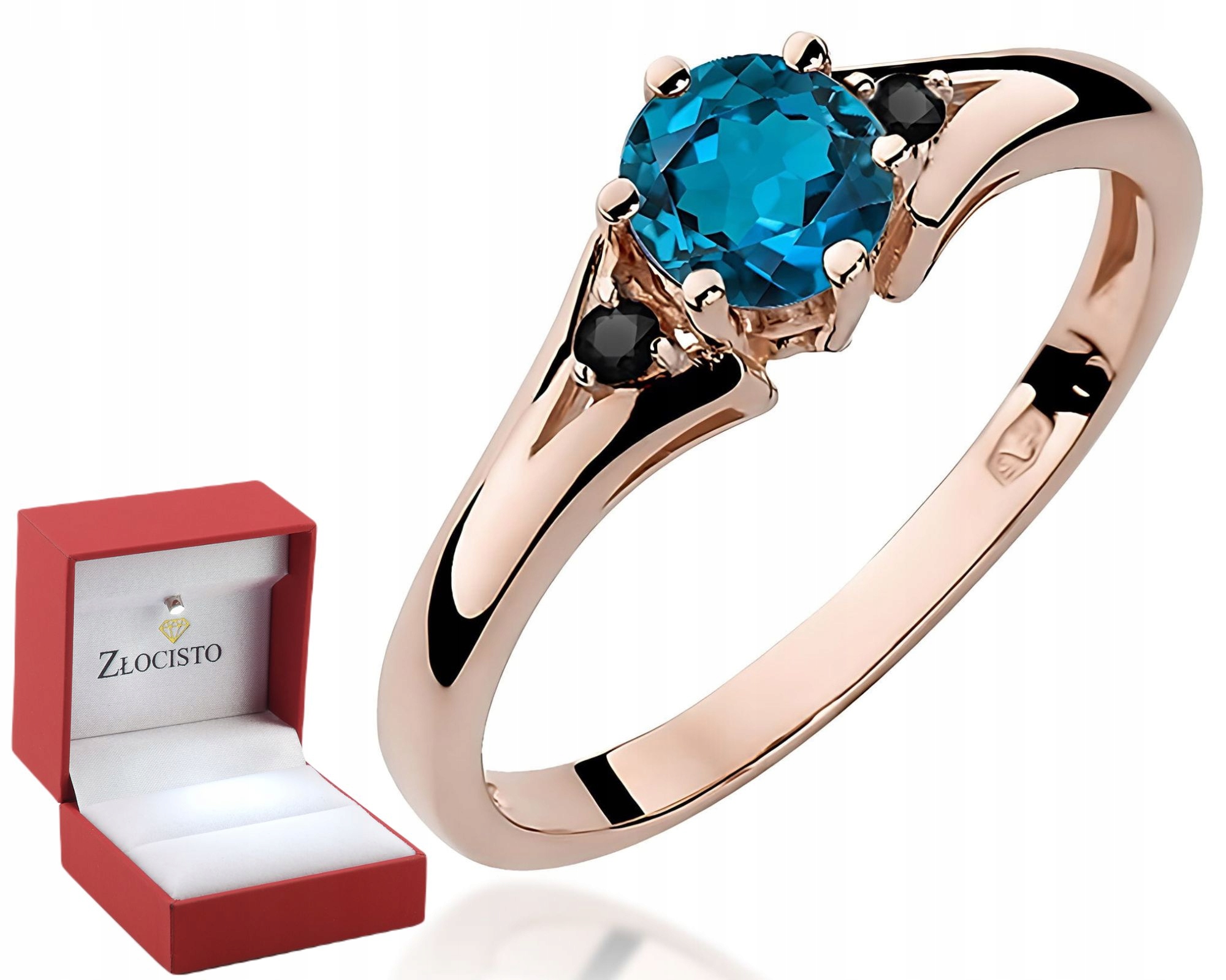 Růžové Zlato Prstýnek Topaz London Blue Černé Diamanty Moderní