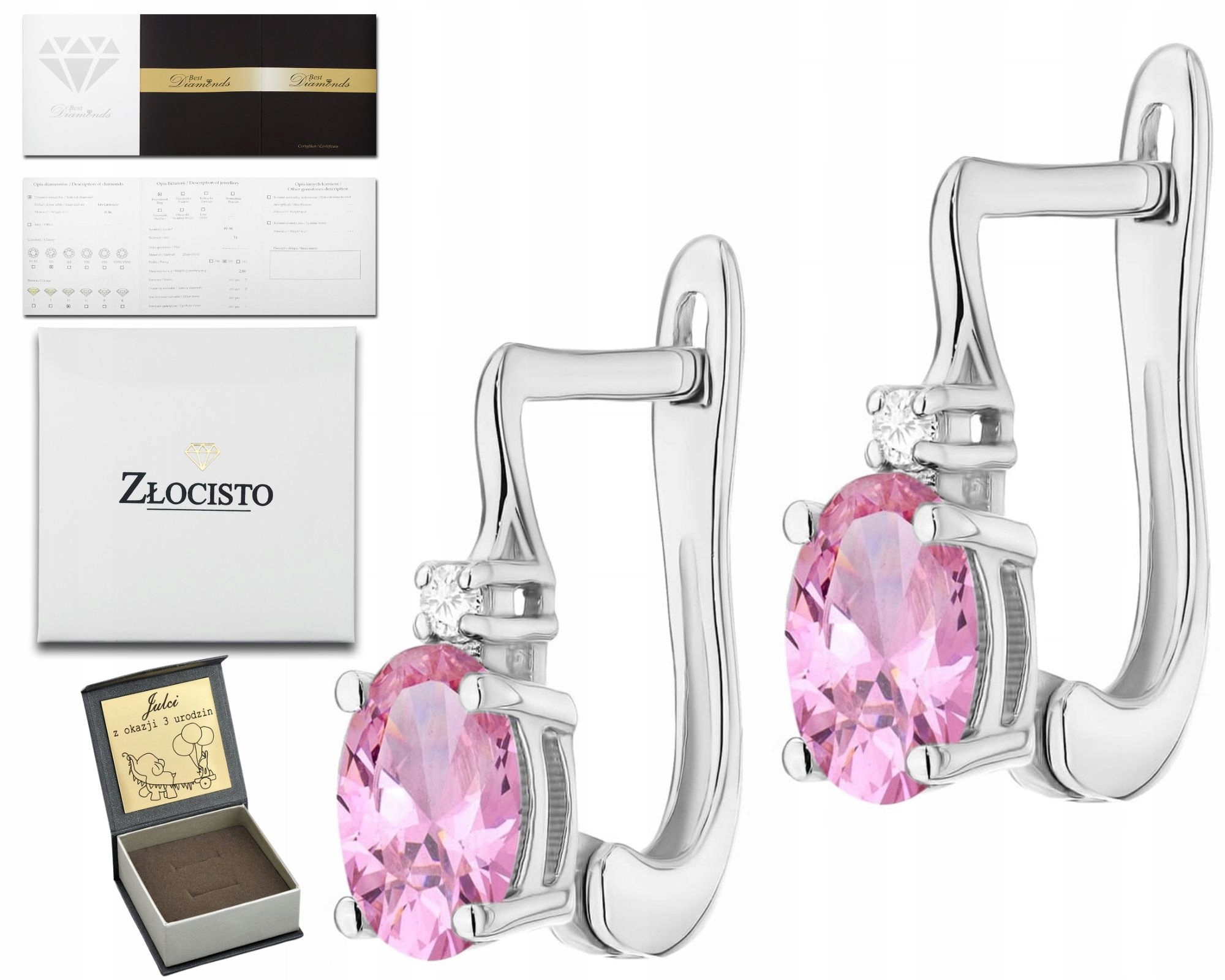 Náušnice Z Bílého Zlata S Růžovým Diamantem, Anglické Zapínání 585