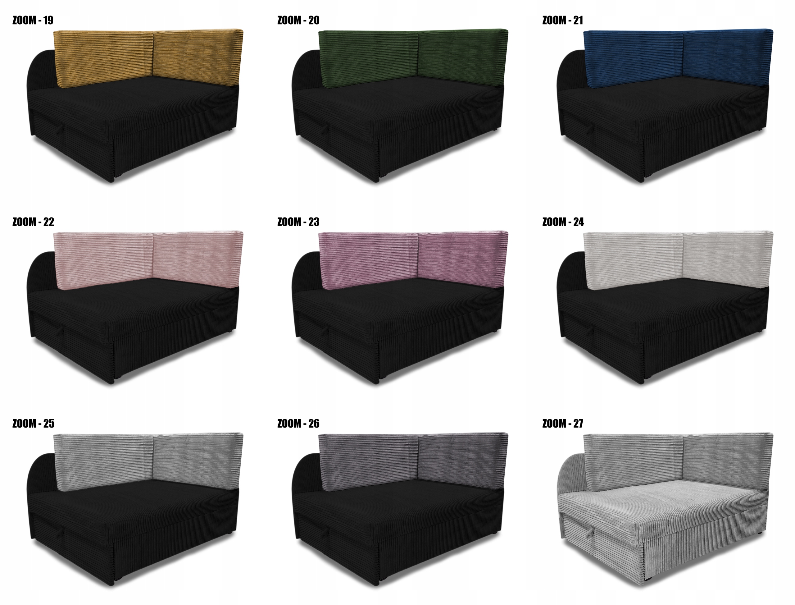 Narożnik KUBUŚ, rozkładane łóżko dla dziecka, sofa dziecięca, Sztruks Informacje dodatkowe wysuwany pojemnik na pościel ze stelażem z materacem z zagłówkiem