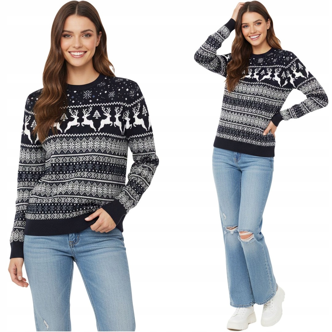 Dámský vánoční svetr tmavě modrý vlněný norský se vzory sněhové vločky M