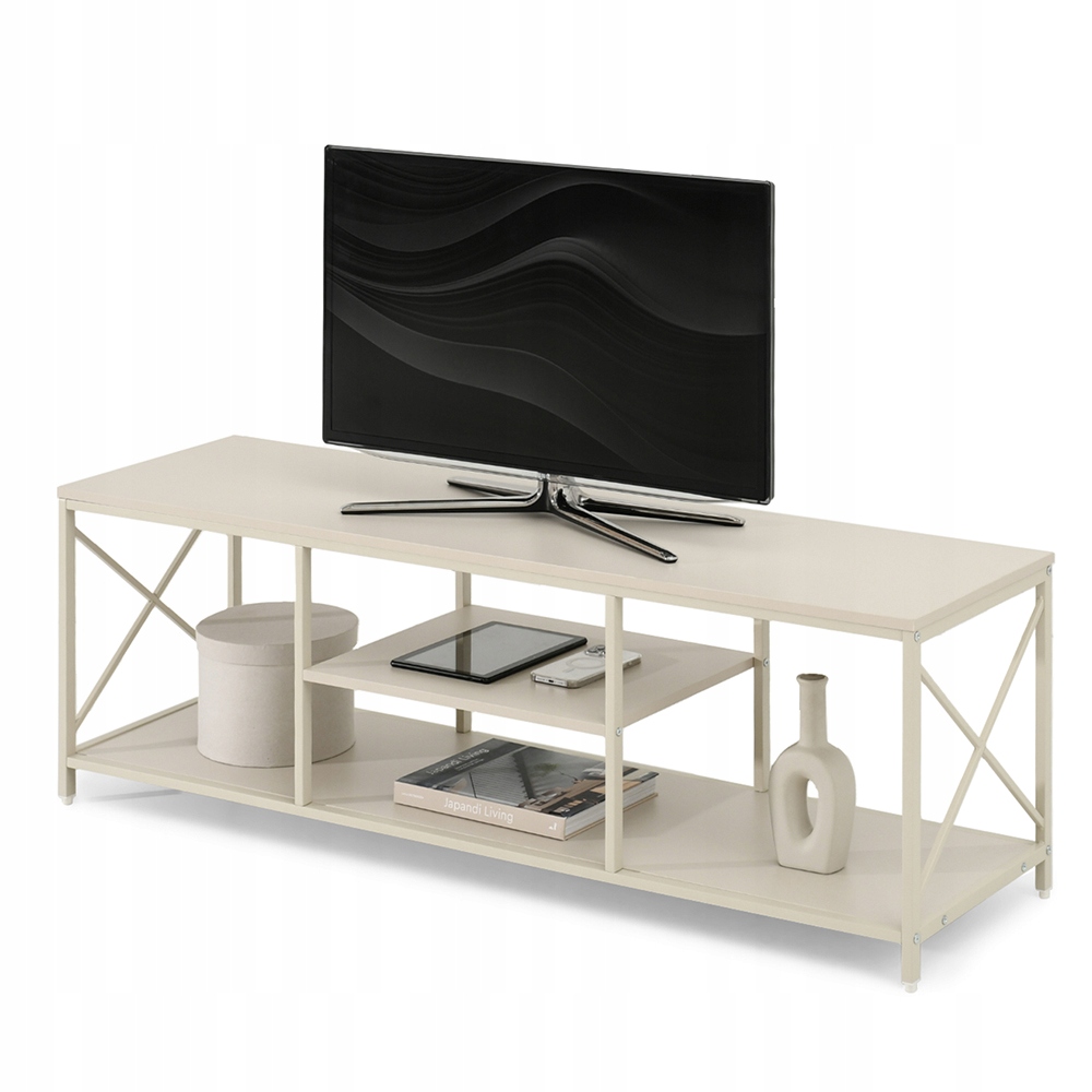 KREMOWY DŁUGI STOLIK POD TELEWIZOR RTV 140CM Z PÓŁKAMI DO SALONU BIURA JUKA