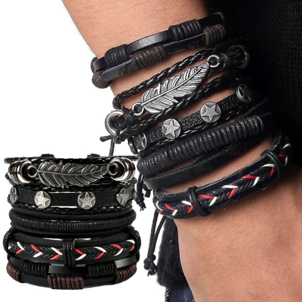 

Skórzana Bransoletka listek zestaw czarna męska