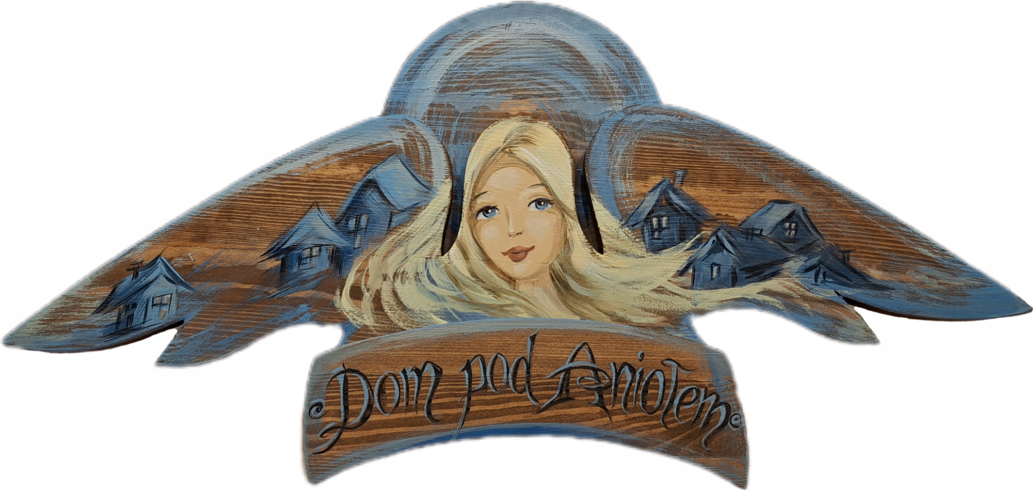 Obraz Dřevěný Velký Anděl Dům pod Andělem 63 cm šířka ručně malovaná