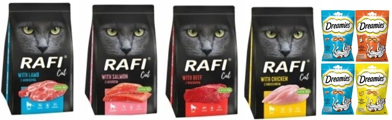 Levně Suché krmivo pro kočky Rafi mix chutí 4 x 1,5 kg krmivo Dreamies 4 x 60 g