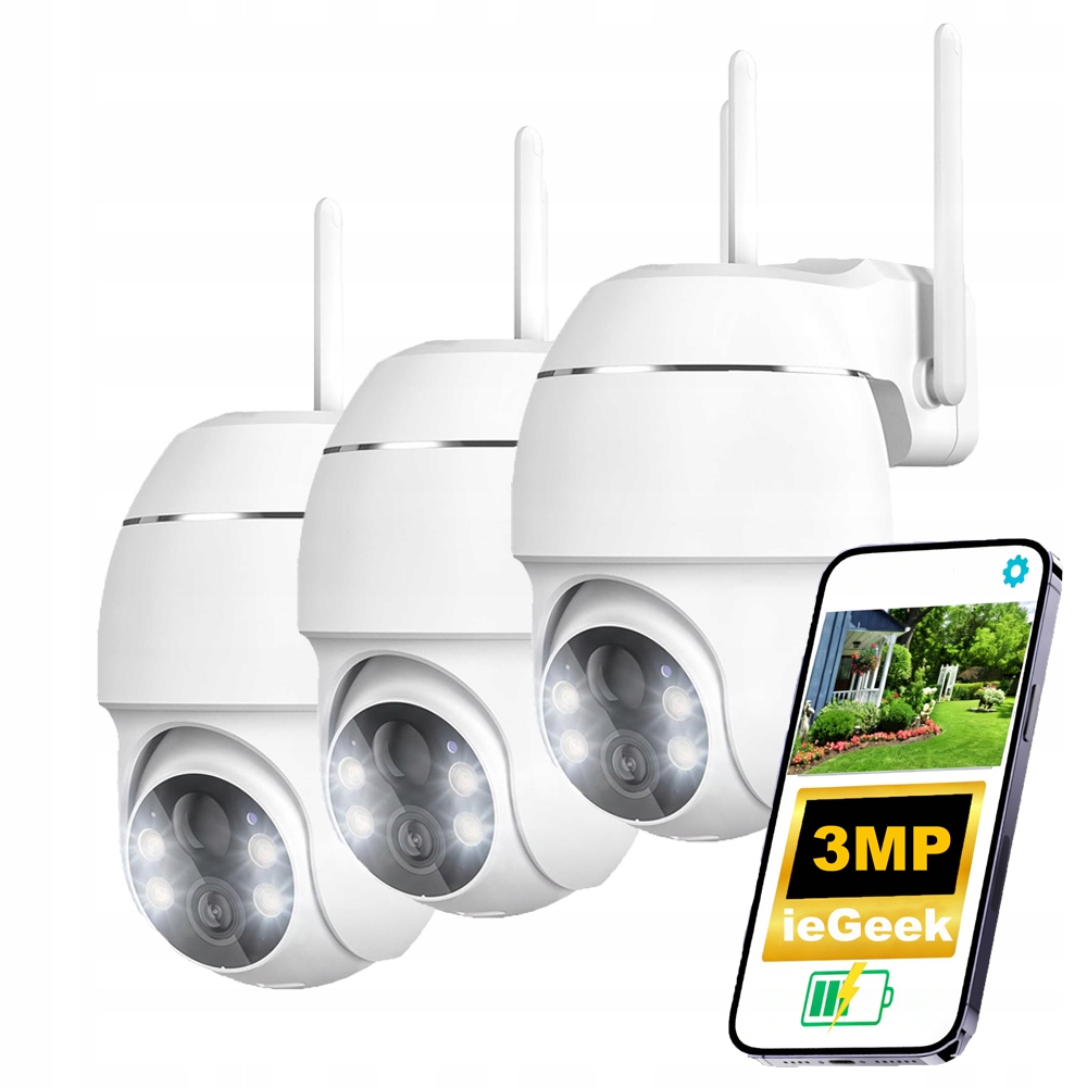 3 kusy Venkovní otočná WiFi kamera s možností nabíjení 2K 3MPx