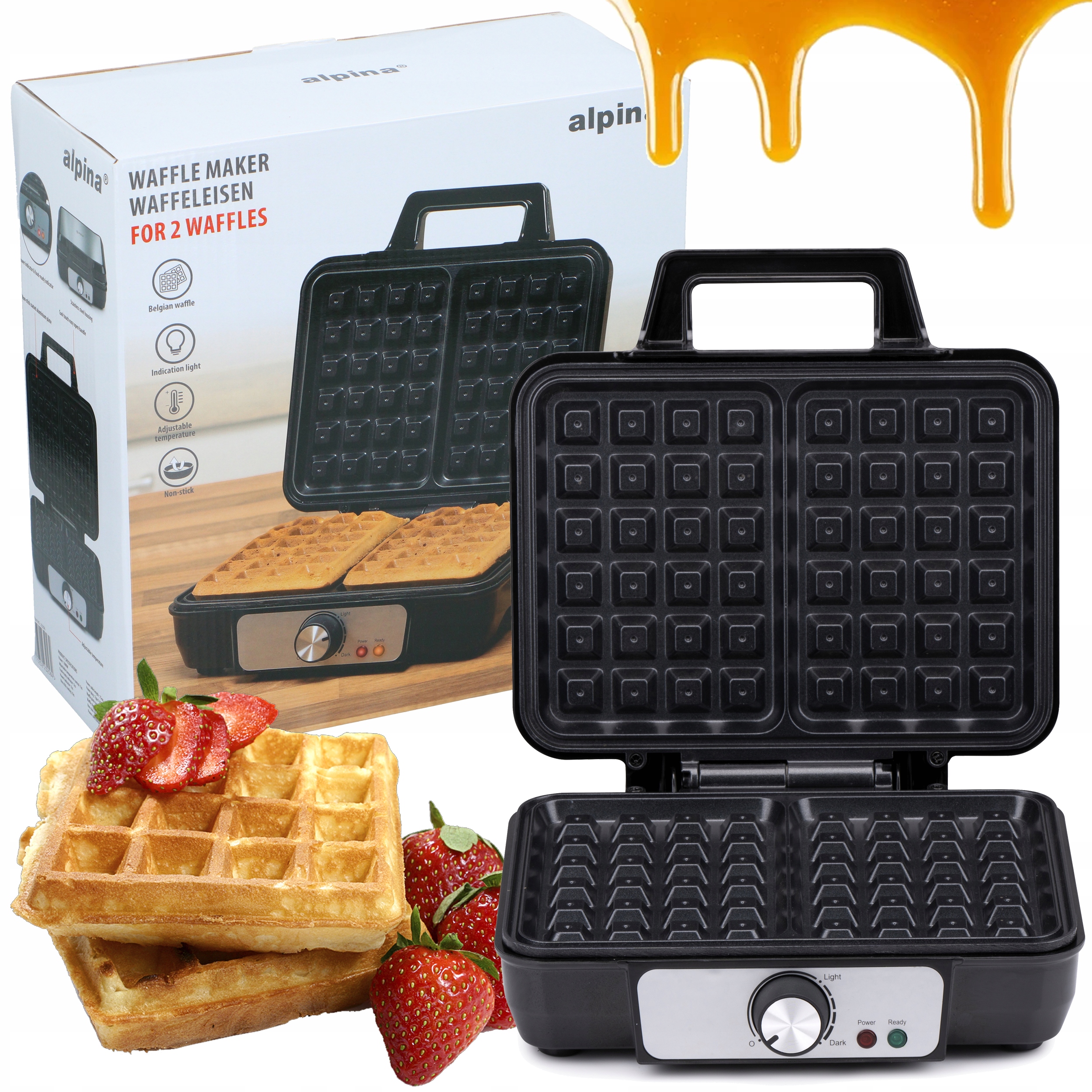 Vaflovač Alpina 1000W Belgické Vafle Nepřilnavý 2KS Černý