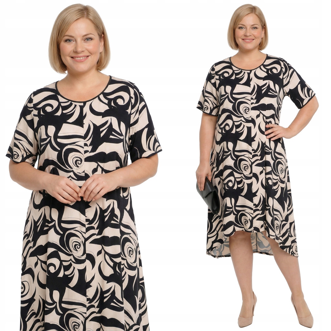 Krémová šaty s černým vzorem, delší zadní část plus velikost velikost 60