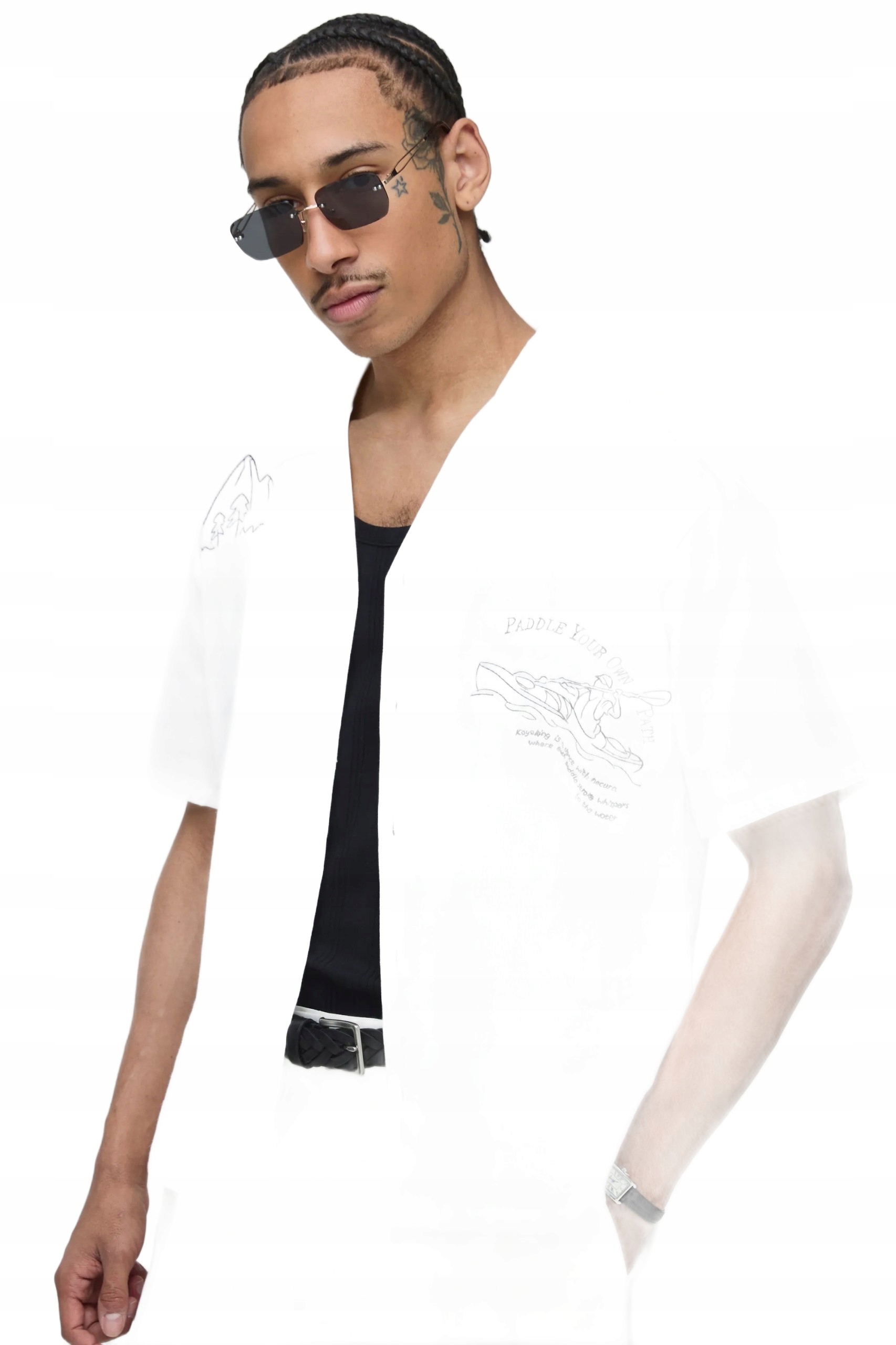 Boohooman Bílá Pánská Košile Len Bavlna Krátký Rukáv S Potiskem L Z3A