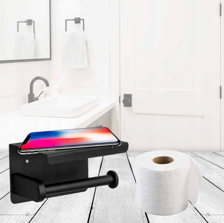 UCHWYT NA PAPIER TOALETOWY Z PÓŁKĄ NA TELEFON CHUSTECZKI CZARNY METALOWY WC EAN (GTIN) 5905723005132
