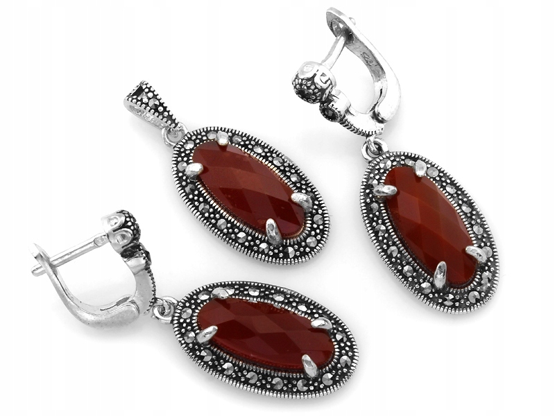 Stříbrný dámský komplet 925 náušnice s přívěskem a velkým červeným kamenem