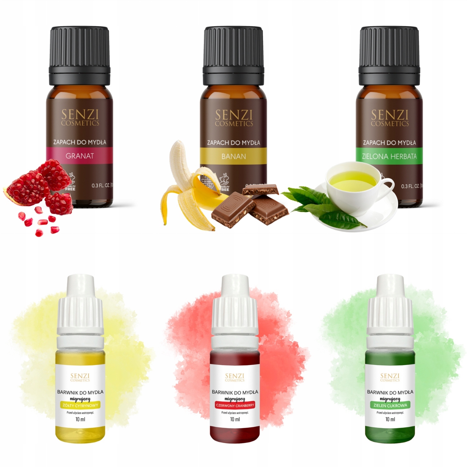 Zestaw Do Bazy Mydlanej Glicerynowej 3x barwnik 10ml 3x olejek 10ml Senzi