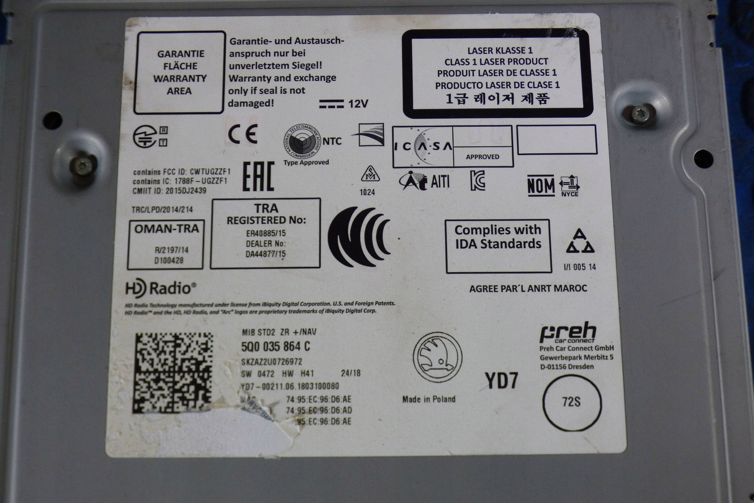 Skoda Superb III radio navigation card reader 5Q0035864C st.BDB