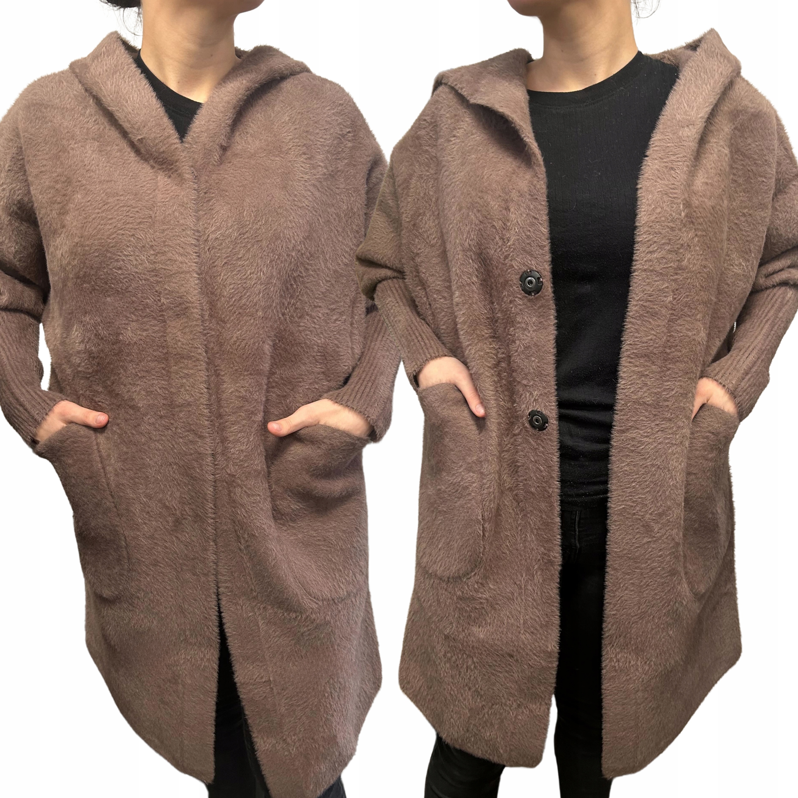 Płaszcz Kurtka Parka Sweter Z Kapturem Alpaka Ciepła Mokka 1980