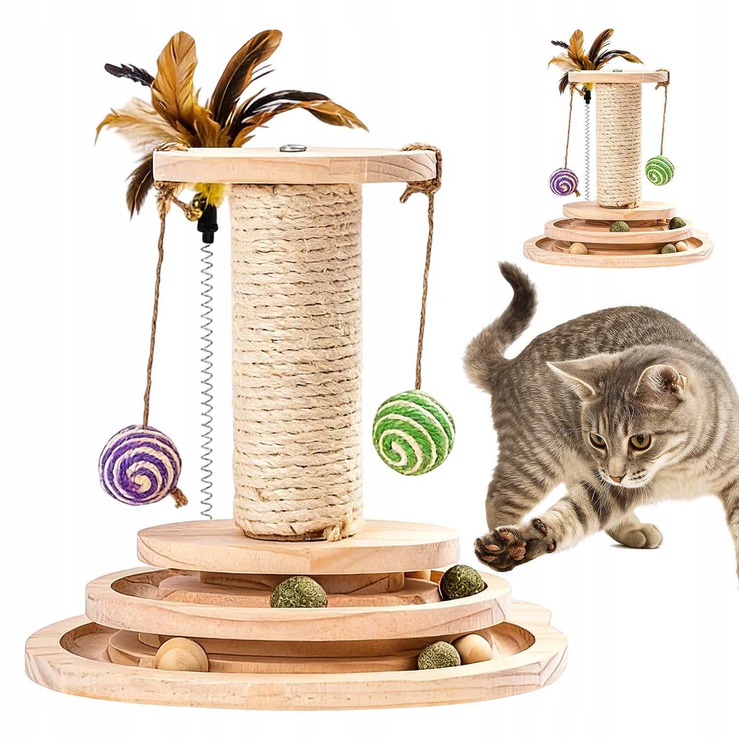 Hračka Škrabadlo Pro Kočky Dřevěné S Peřím 2 Úrovně Sisal