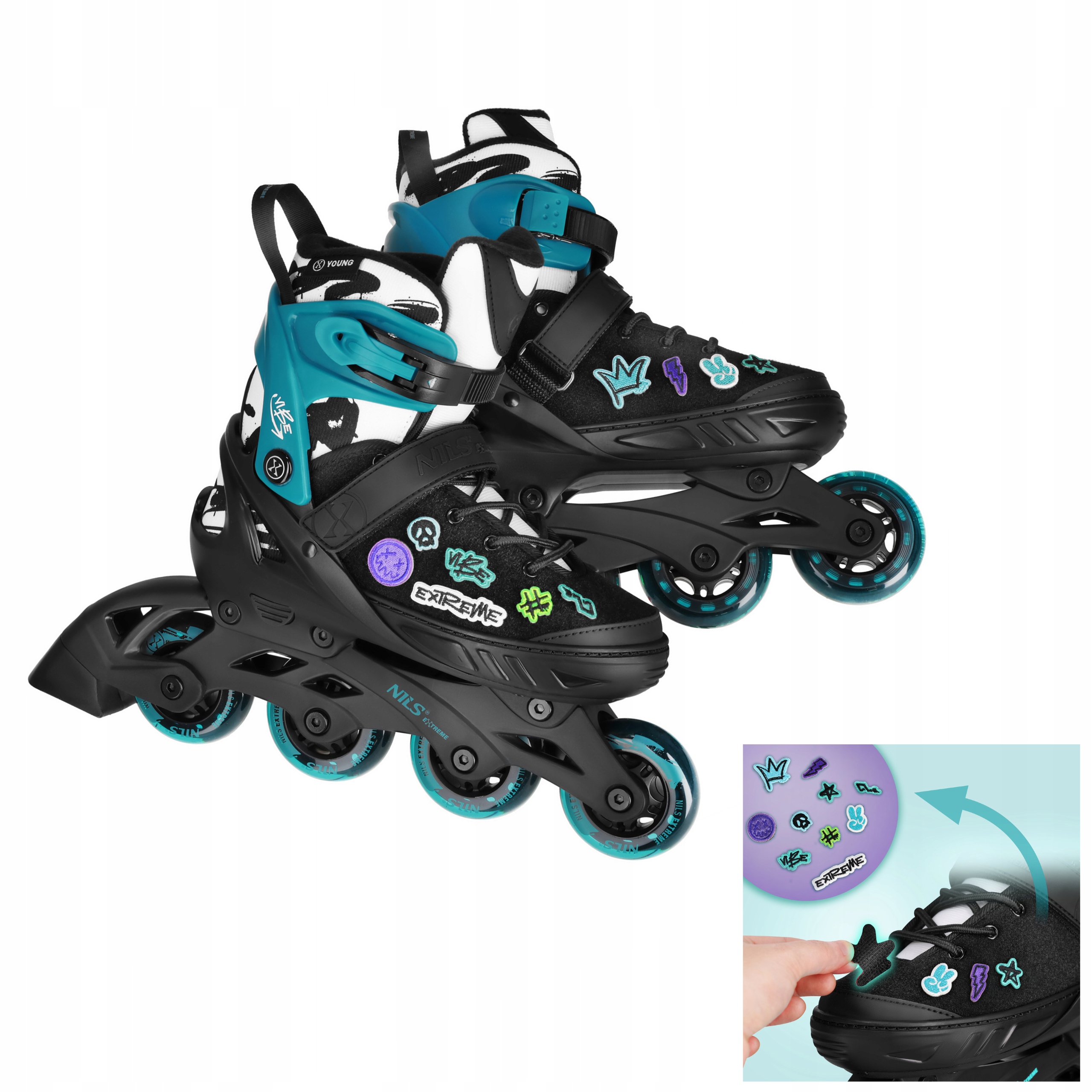 Kolečkové Brusle pro výuku jízdy Nils Extreme M 37-40 Tyrkysové ABEC5 Vibe nášivky